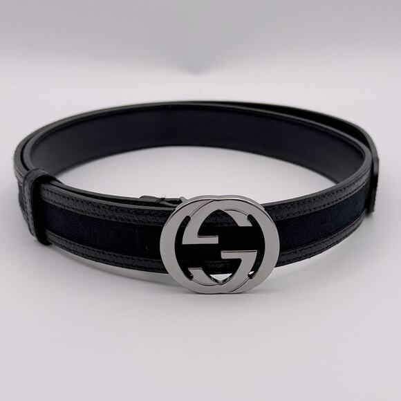 New Gucci GG Canvas Leather Belt Interlocking G Black Size 95/38 Unisex 1.2” - Picture 11 of 11